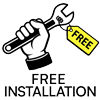 A black and white graphic showing a hand holding a wrench with a yellow tag that says 'FREE', above the text 'FREE INSTALLATION'.