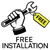 A black and white graphic showing a hand holding a wrench with a yellow tag that says 'FREE', above the text 'FREE INSTALLATION'.