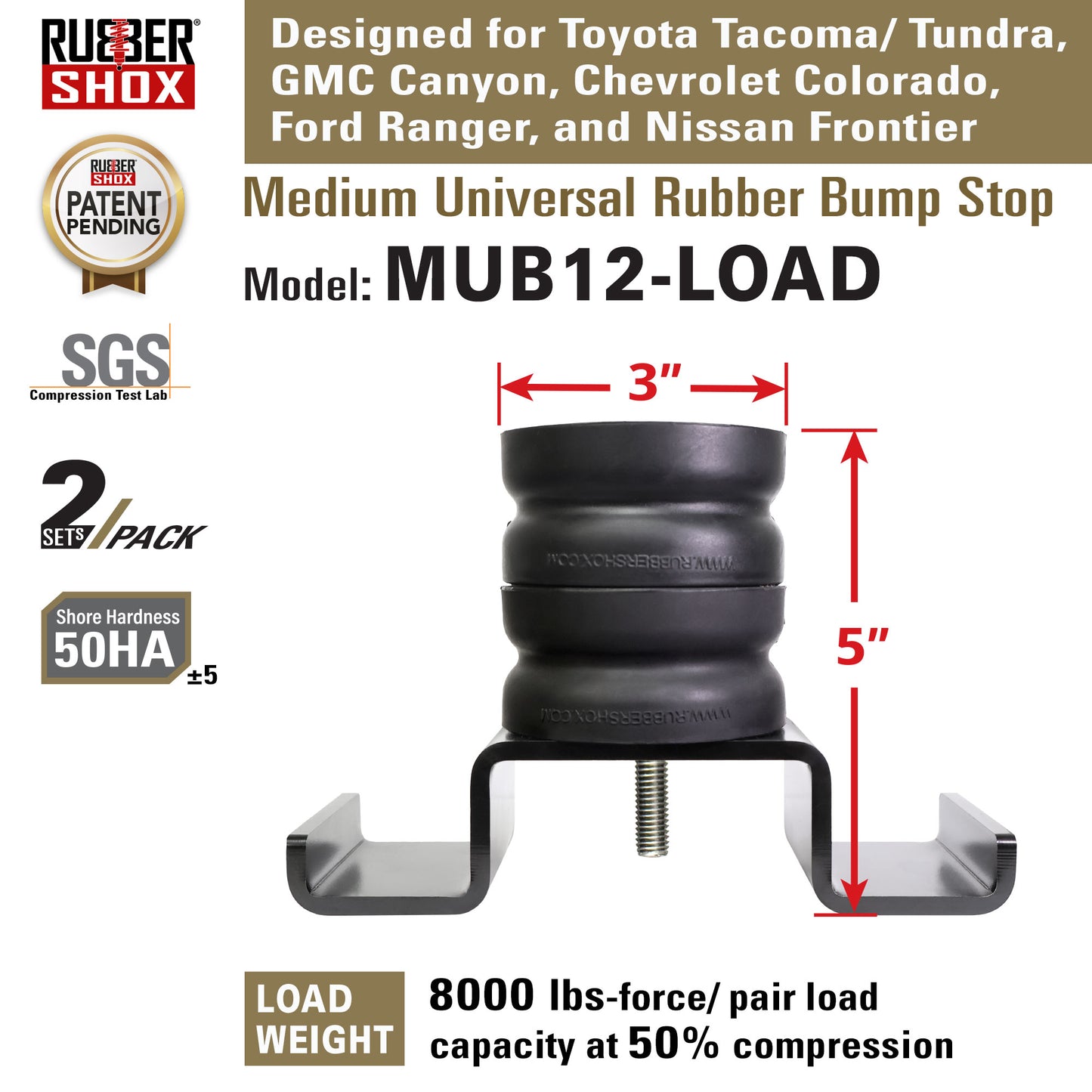 Medium Universal Rubber Bump Stop - MUB12-LOAD for Toyota Tacoma, Nissan Frontier, Chevrolet Colorado, Ford Ranger, GMC Canyon
