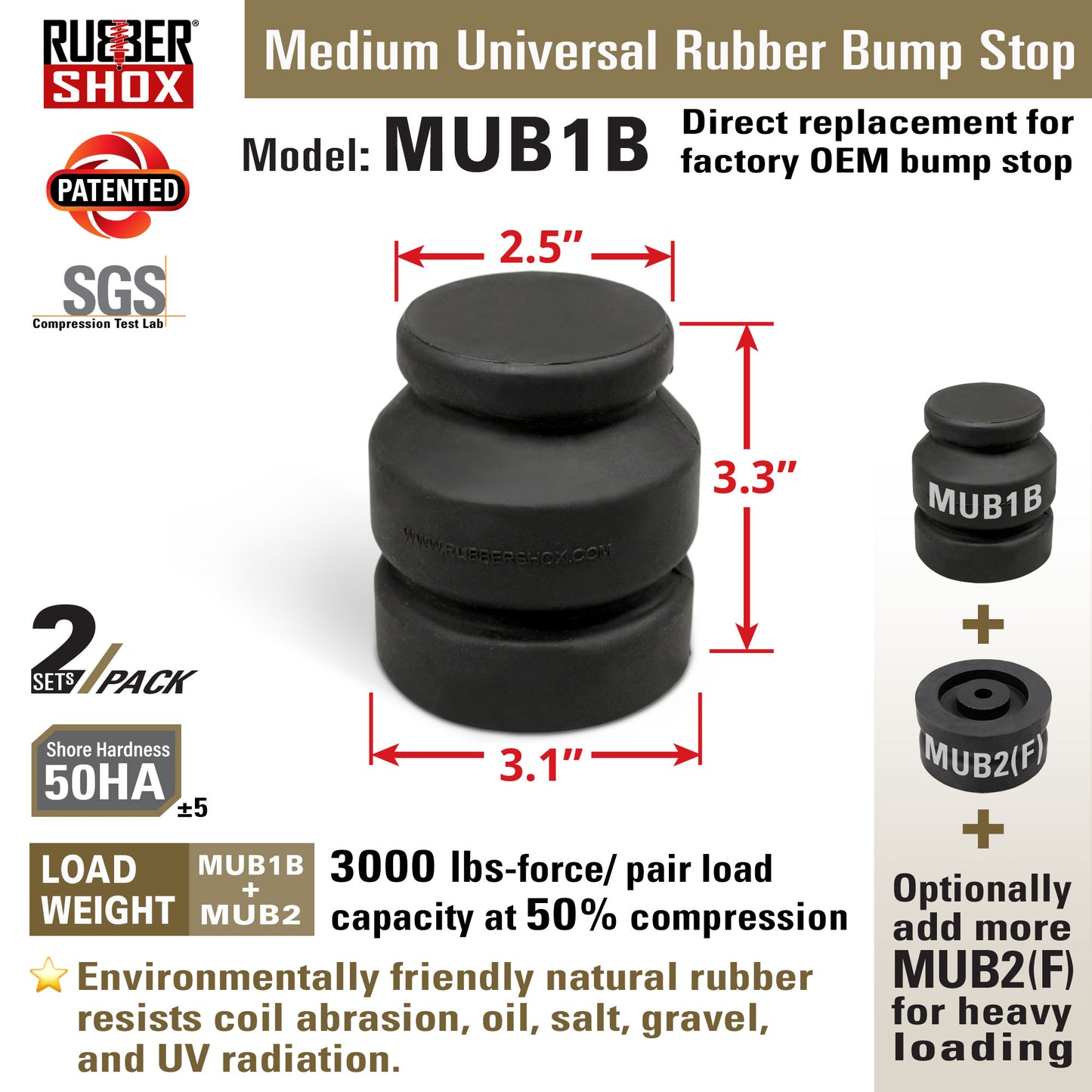 Medium Universal Rubber Bump Stop - MUB1B Top Module for Jeep Wrangler JK, Chevrolet/GMC Express/Savana 1500 /2500 /3500/4500, Silverado 3500, GMC Sierra 3500