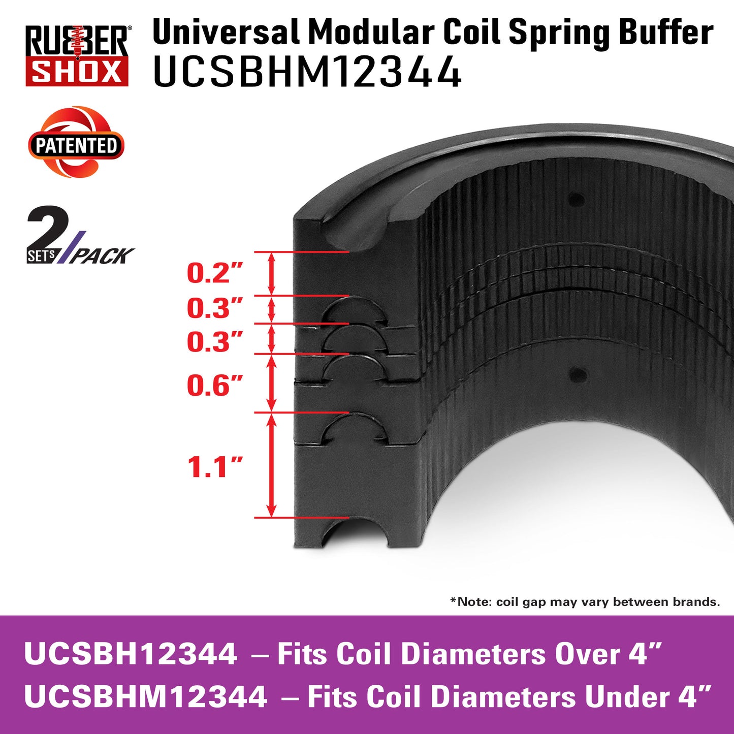 Rubber Shox universal modular coil spring buffer with dimensions and product details.