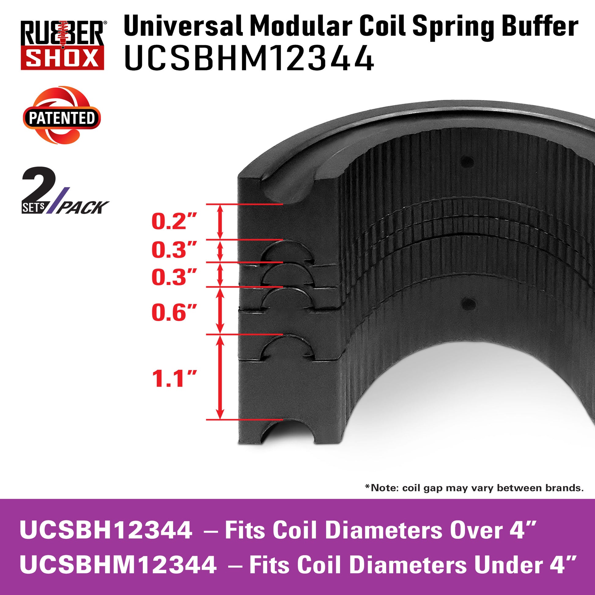 Rubber Shox universal modular coil spring buffer with dimensions and product details.