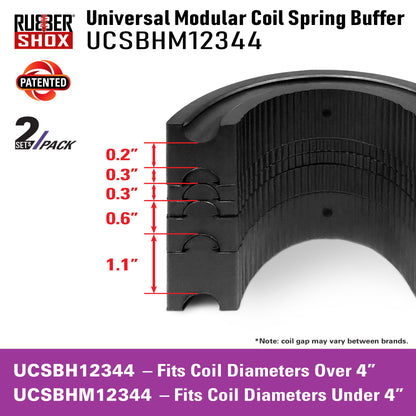 Rubber Shox universal modular coil spring buffer with dimensions and product details.