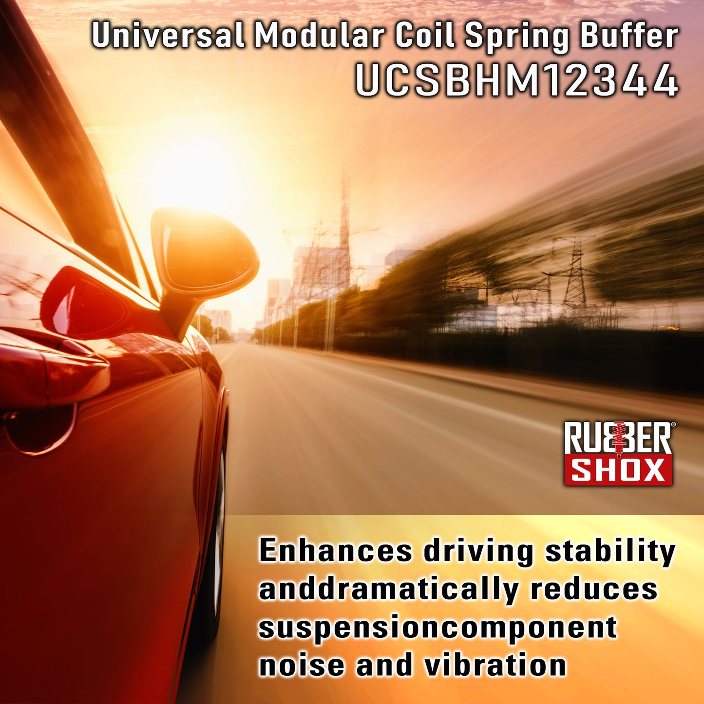 Car driving on a road with 'Rubber Shock' product advertisement.