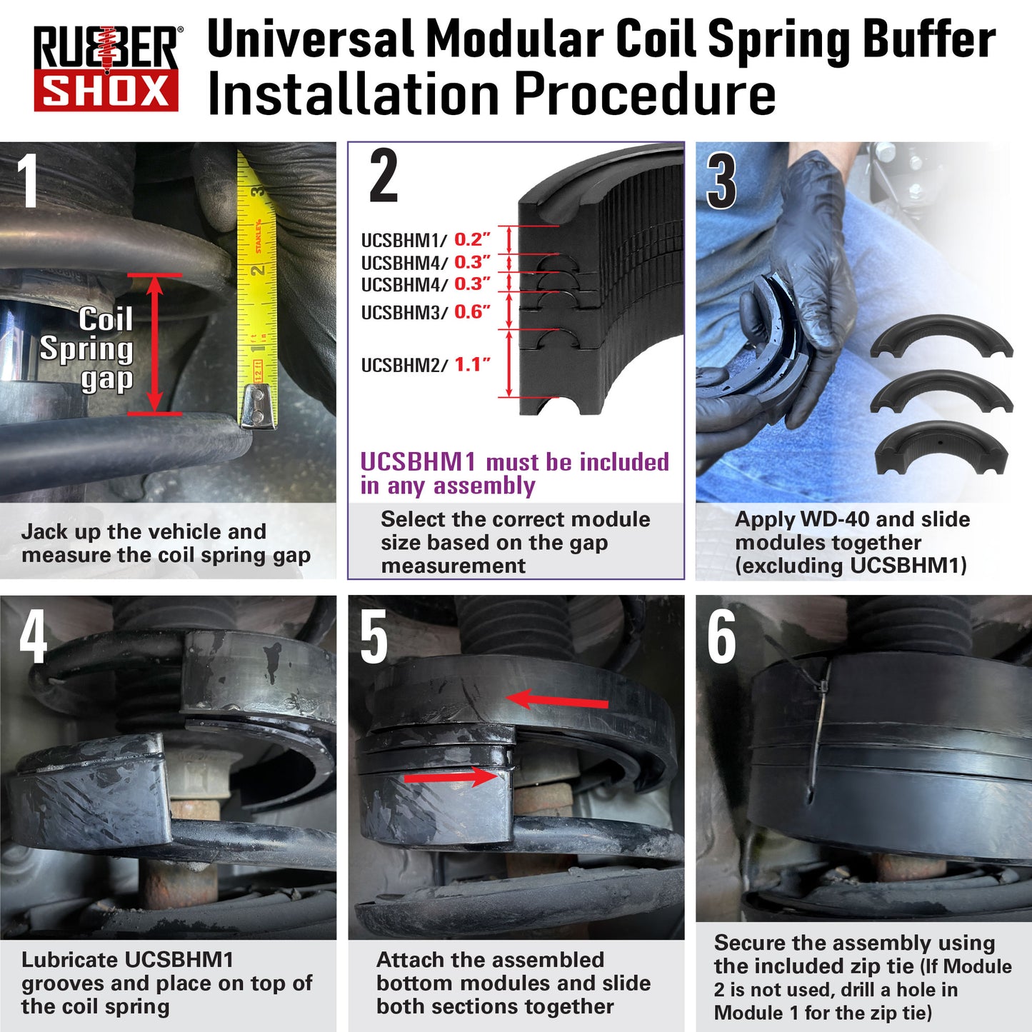 Step-by-step guide for installing a Rubber Shox universal modular coil spring buffer with visual illustrations and text.