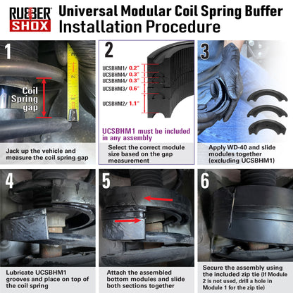 Step-by-step guide for installing a Rubber Shox universal modular coil spring buffer with visual illustrations and text.
