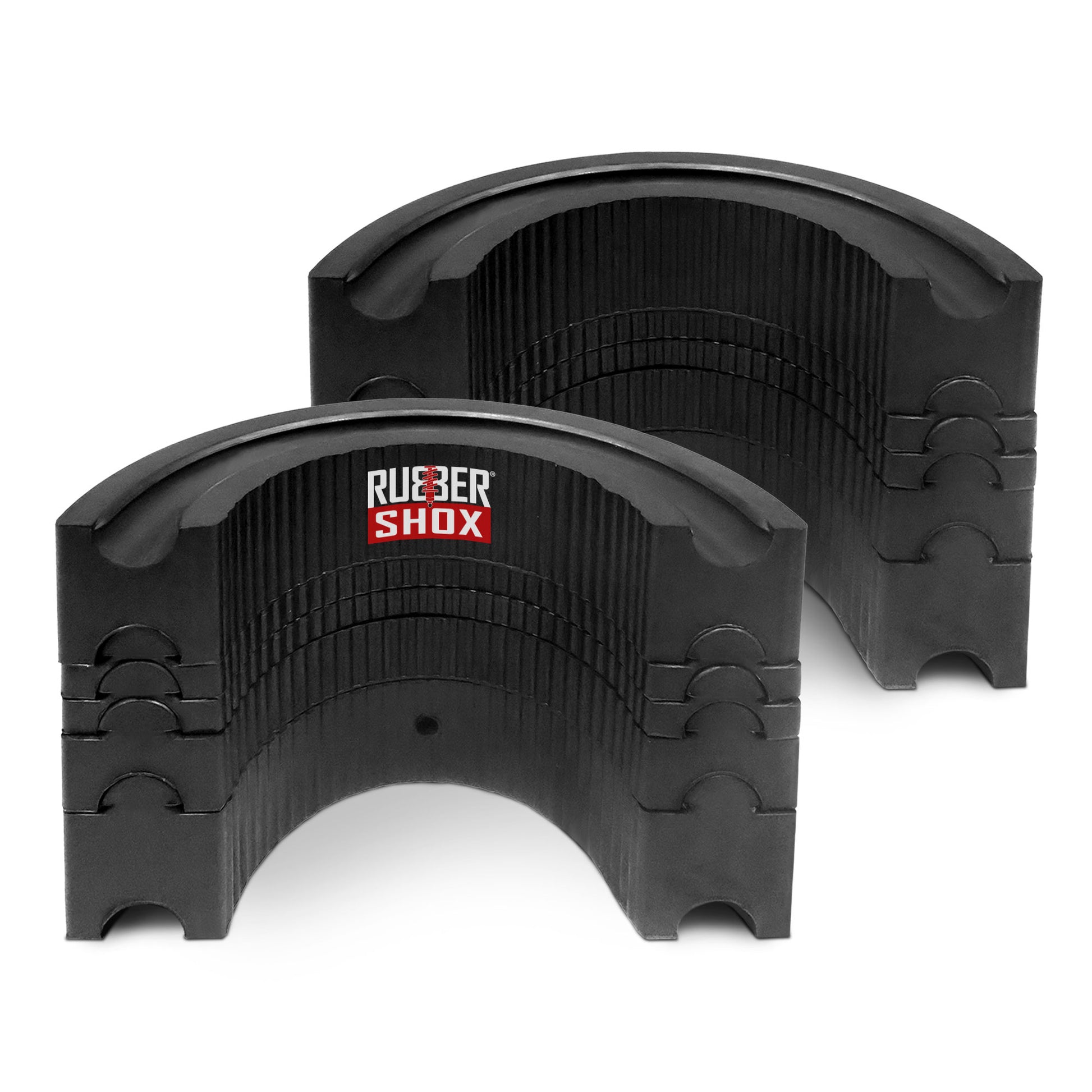 Two black rubber shox suspension components on a white background with 'Rubber Shox' branding.