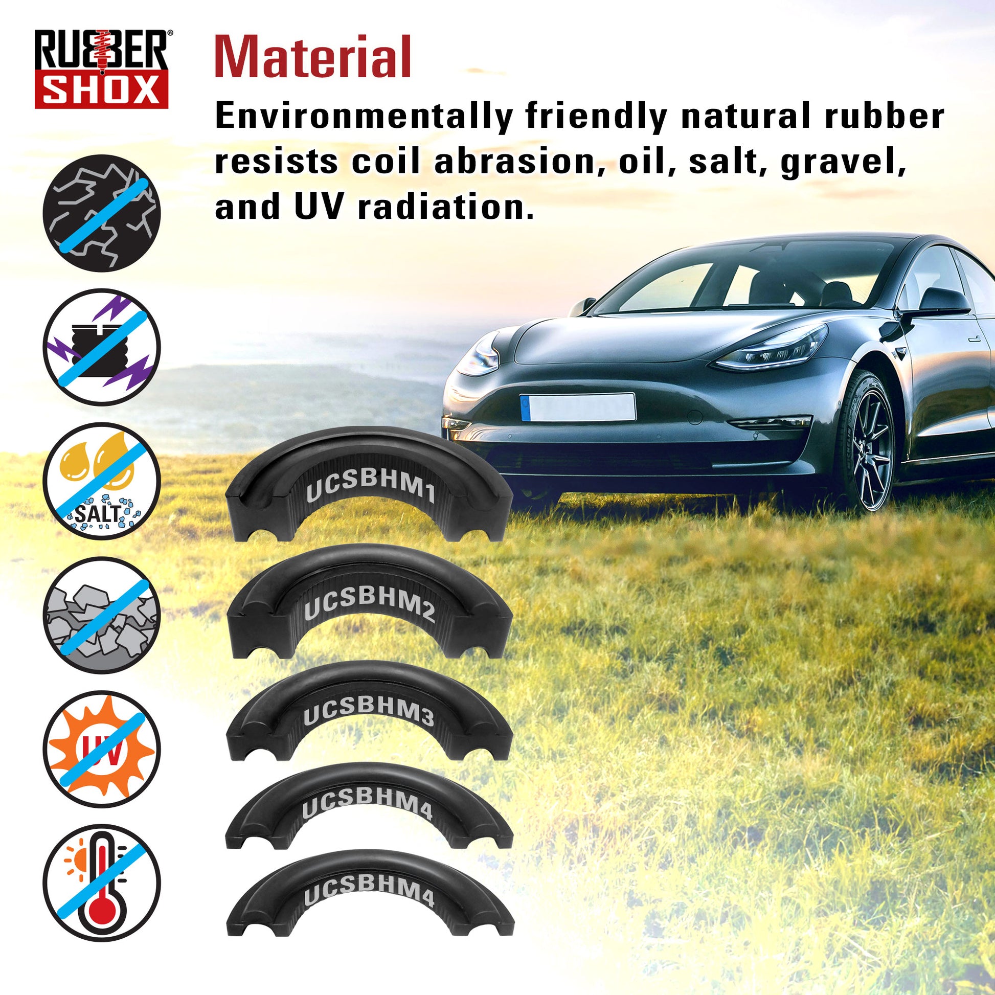 Rubber shox with car in background on grassy field