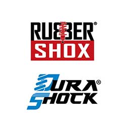 Two logos of 'Rubber Shox' and 'Dura-Shock' on a white background
