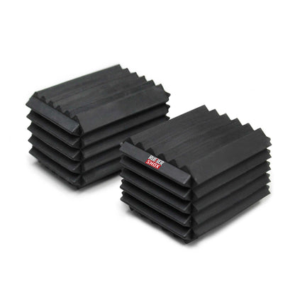 Stack of black acoustic foam panels with a brand logo on a white background