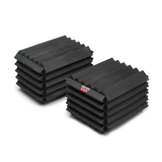 Stack of black acoustic foam panels with a brand logo on a white background
