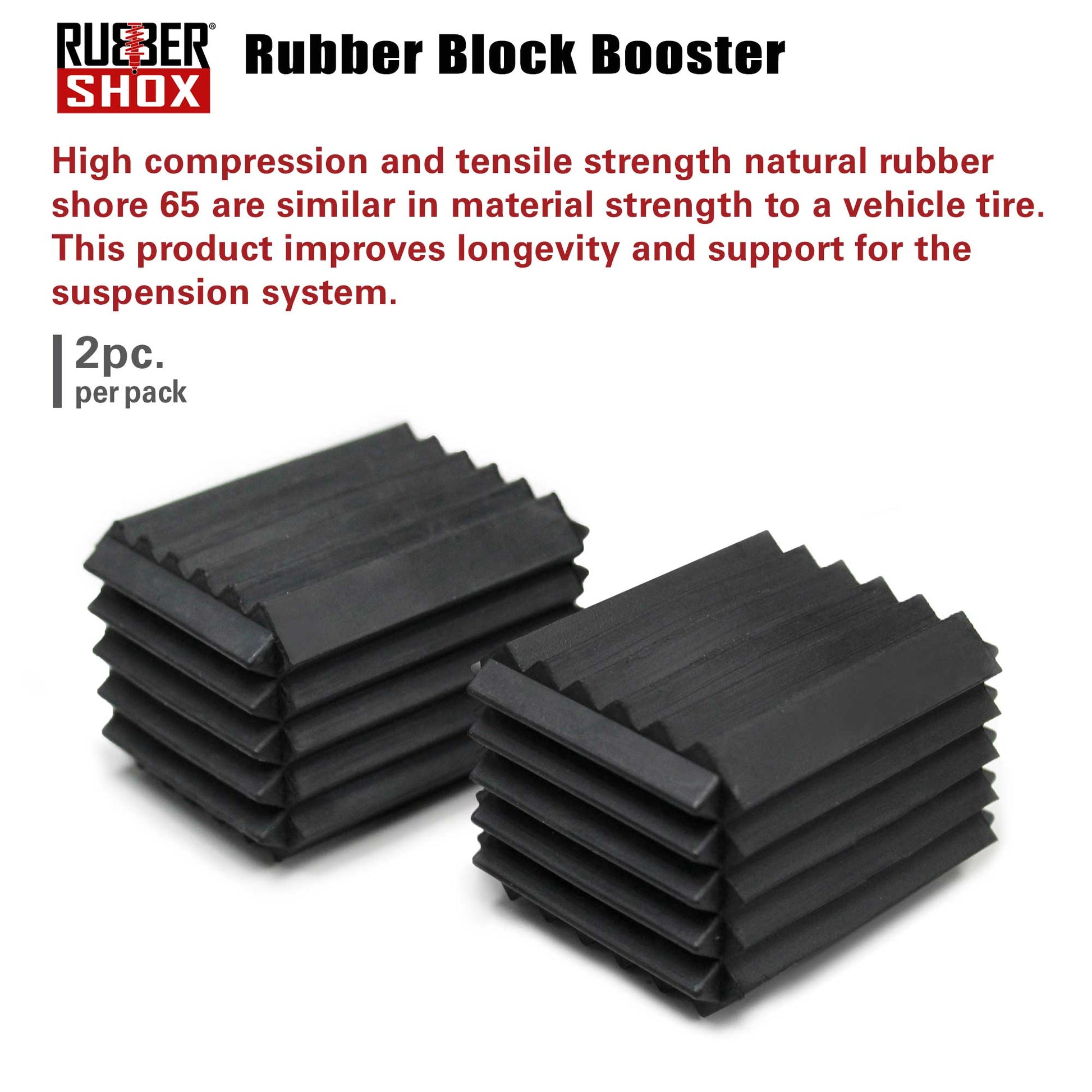 Rubber block boosters with RUBBER SHOX branding and product description on a white background.