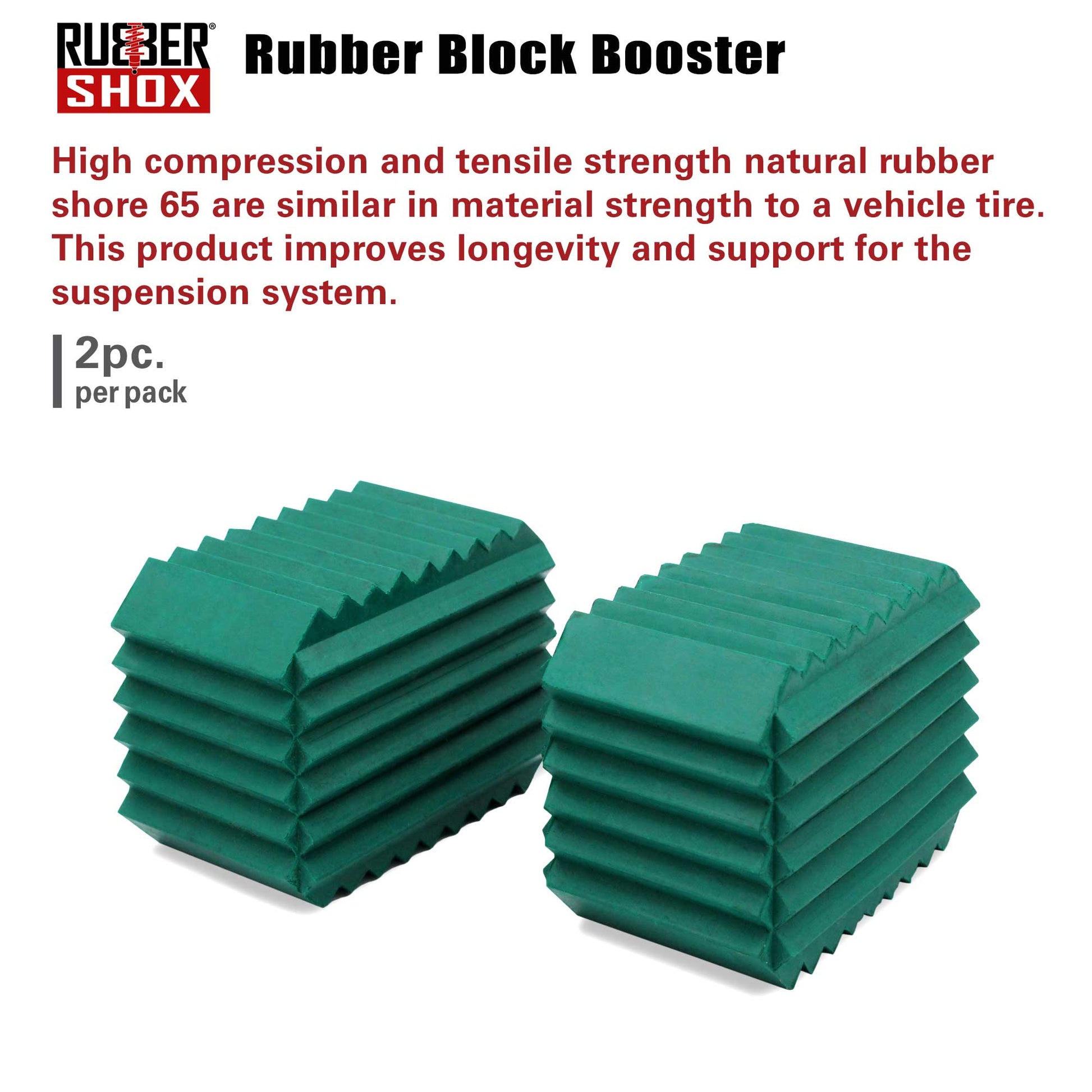 Green rubber block boosters with Rubber Shox branding and product description on a white background.
