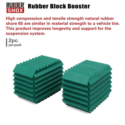 Green rubber block boosters with Rubber Shox branding and product description on a white background.