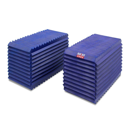Two stacks of blue foam mats with a brand logo on a white background