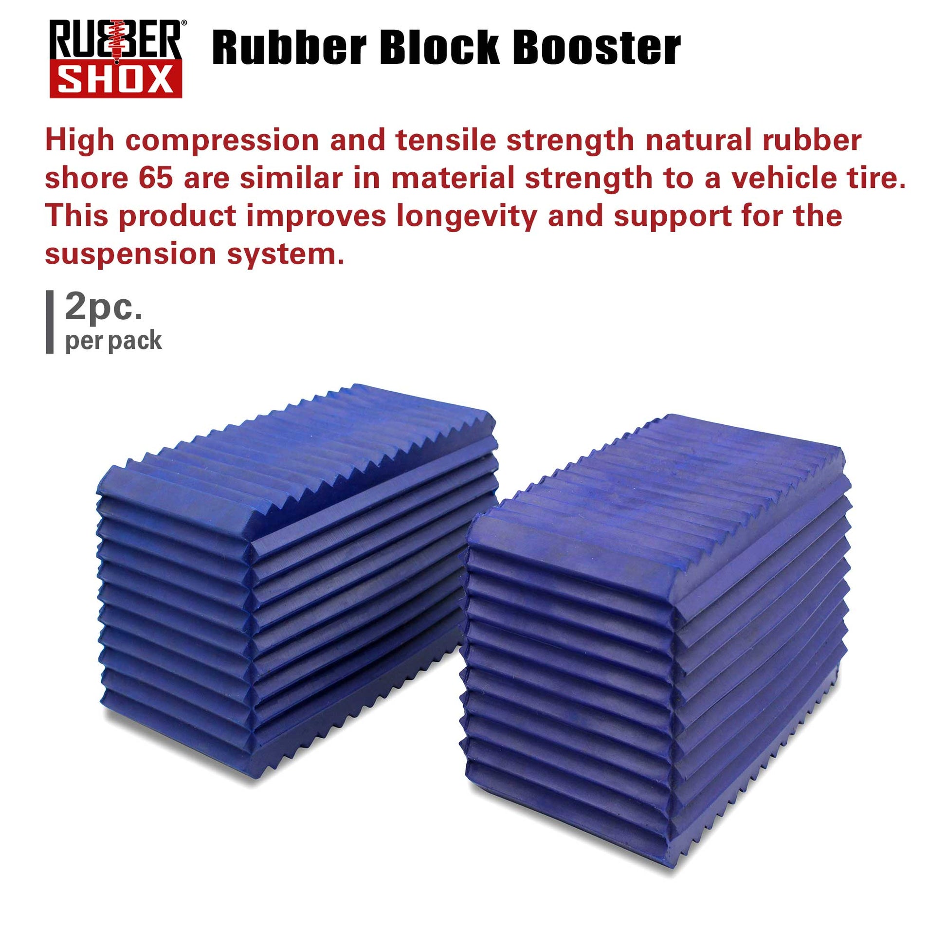 Two stacks of blue rubber blocks with text about Rubber Shox product features on a white background.