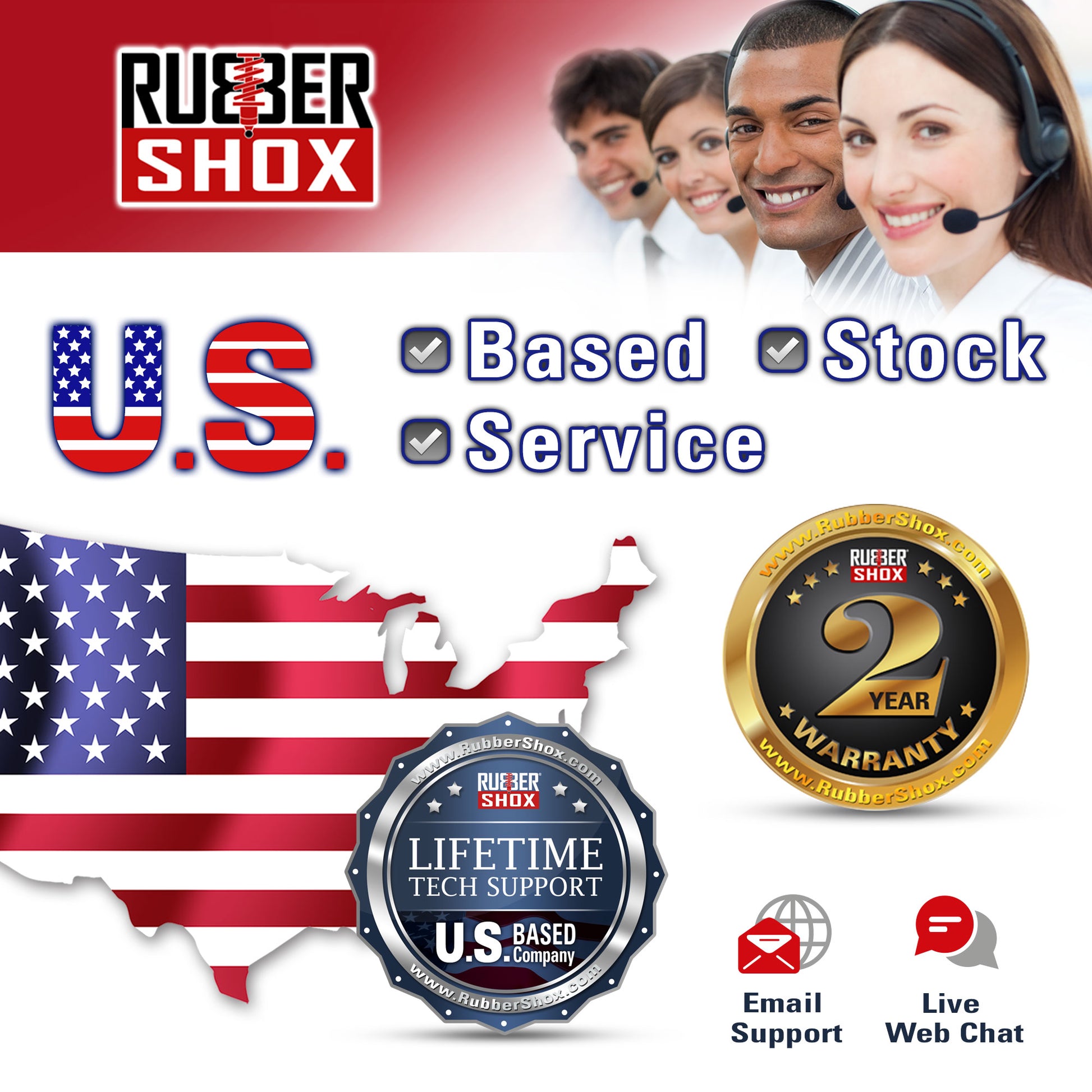 Advertisement for Rubber Shox with U.S. flag, customer service images, and warranty information.